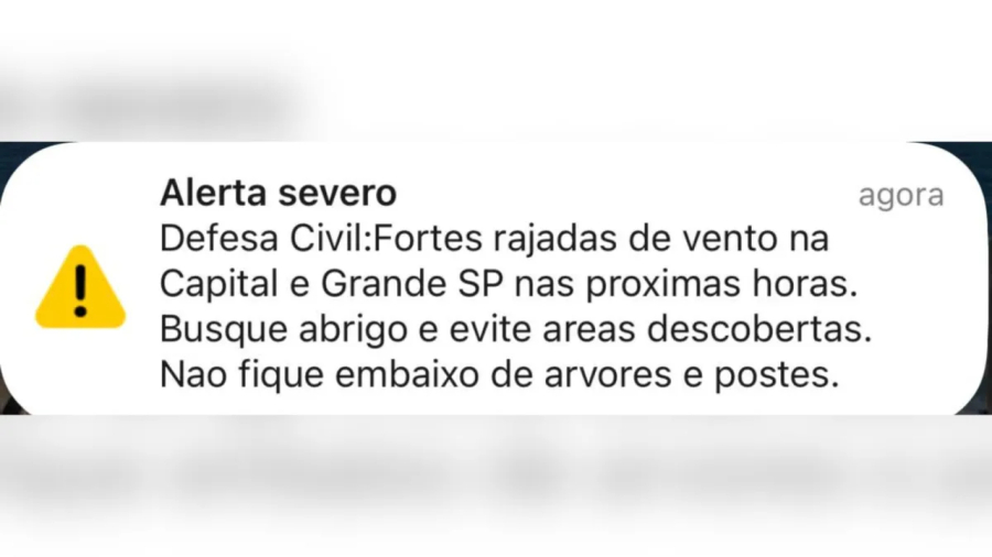 Defesa Civil dispara alerta severo após ventos ultrapassarem 100 km/h em São Paulo